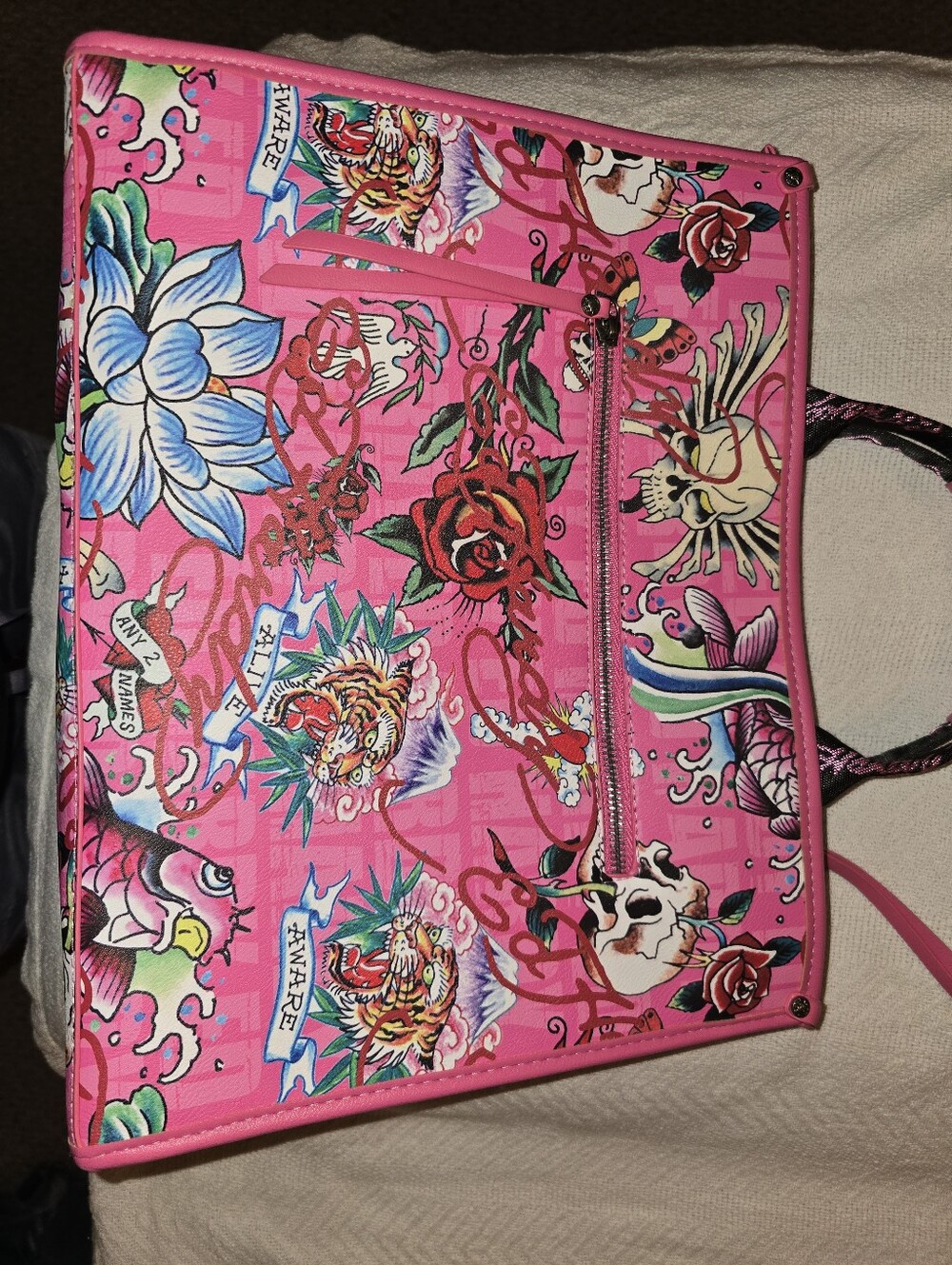 NWOT Ed Hardy Pink Tattoo Print Satchel Tote Bag - Picture 10 of 11